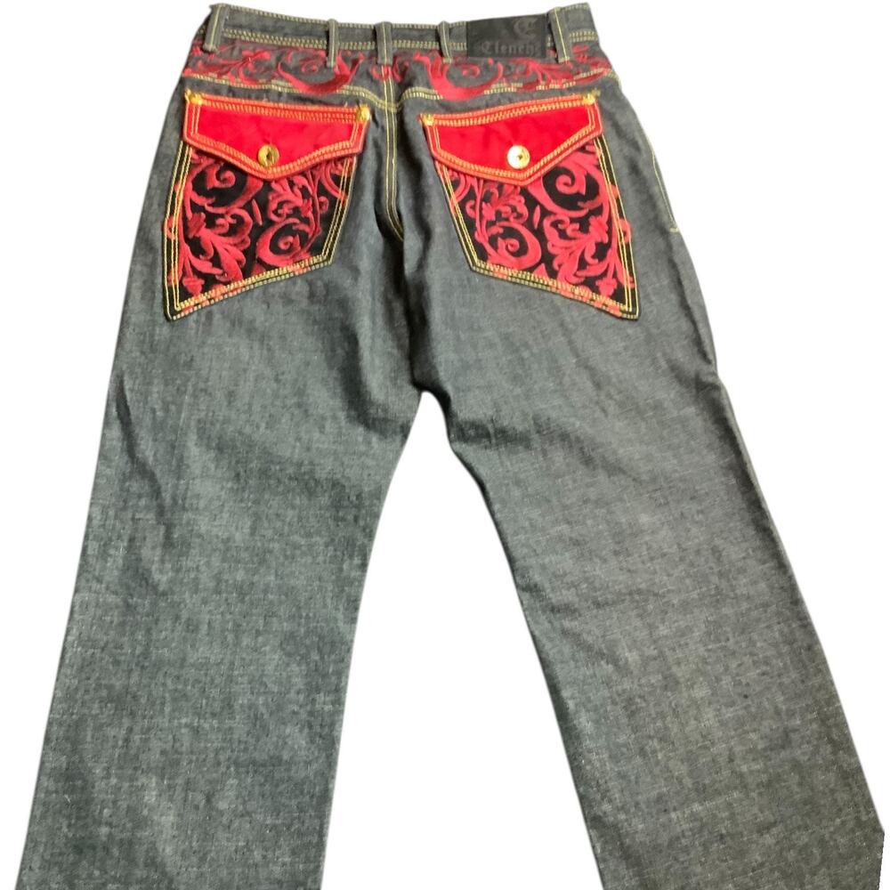 Clench Jeans Mens 32x32 Y2K Baggy Embroidered Black Red Denim Streetwear Pants